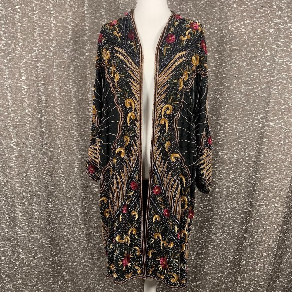 VTG Judith Ann Creations Bead Sequin Silk Jacket Kimono 80s Opera Coat Duster, S